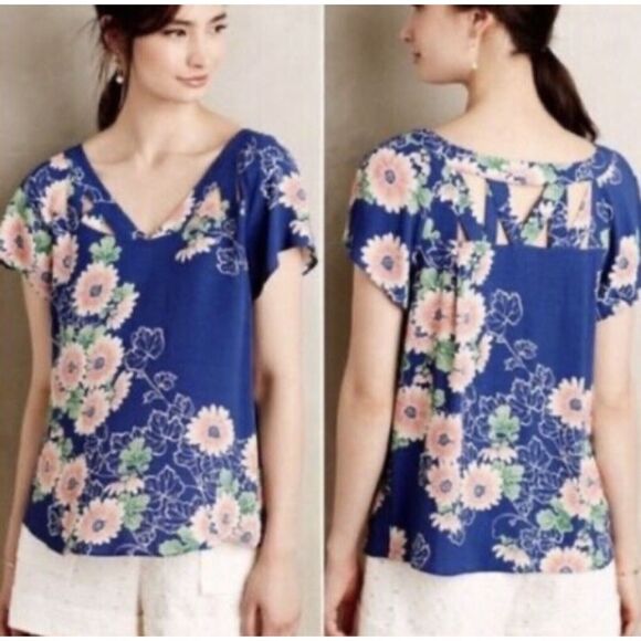 Anthropologie Maeve Floral Cut-out Blouse Top Size 0 Blue Pink - Picture 2 of 9